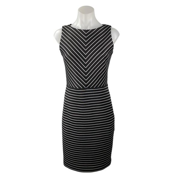 Michael Kors Womens Black Striped Sleeveless Back Zip Mini Pencil Sheath Dress 2 - Picture 1 of 4